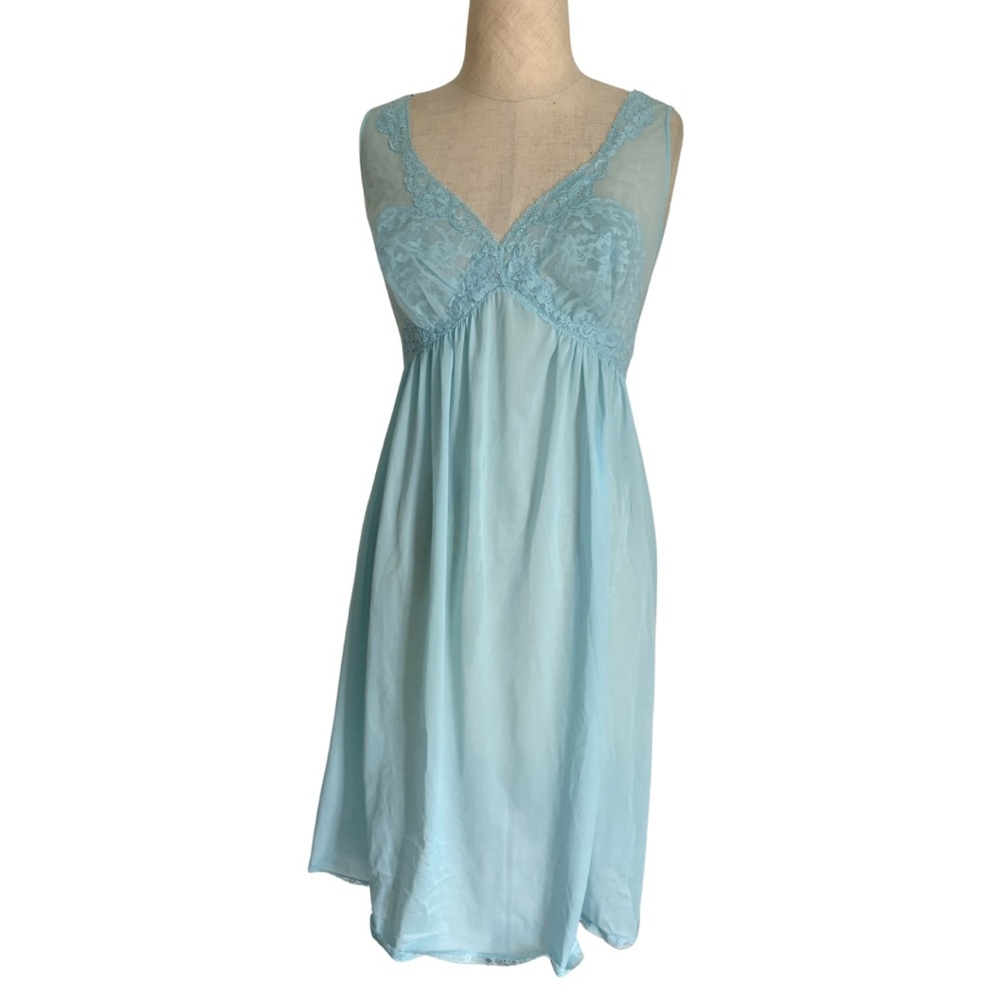 Vintage Texsheen Tricot Nylon Blue Full Slip Lace Detail Sheer Size 32